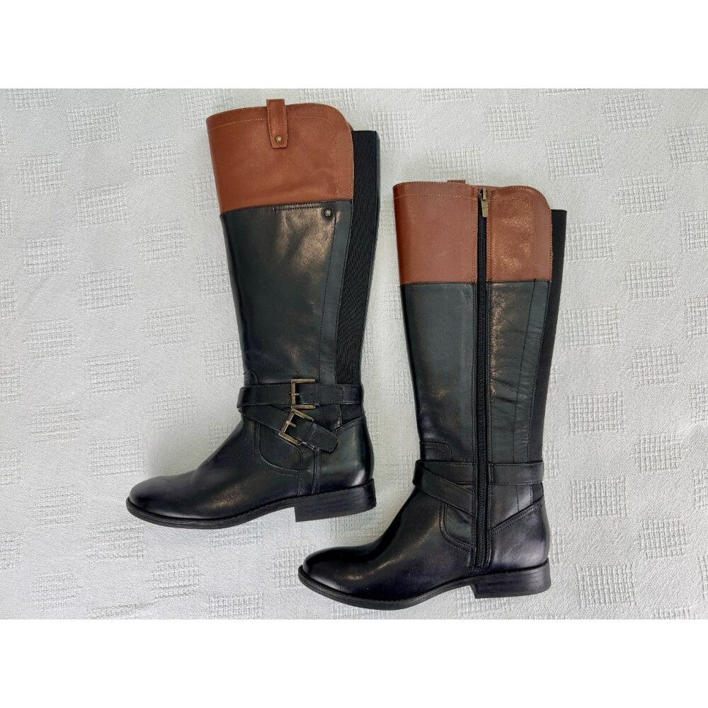 Marc Fisher Women’s‎ Tall Riding Boots Black W/ Brown Leather Buckle Zip Size 8M - Picture 2 of 12